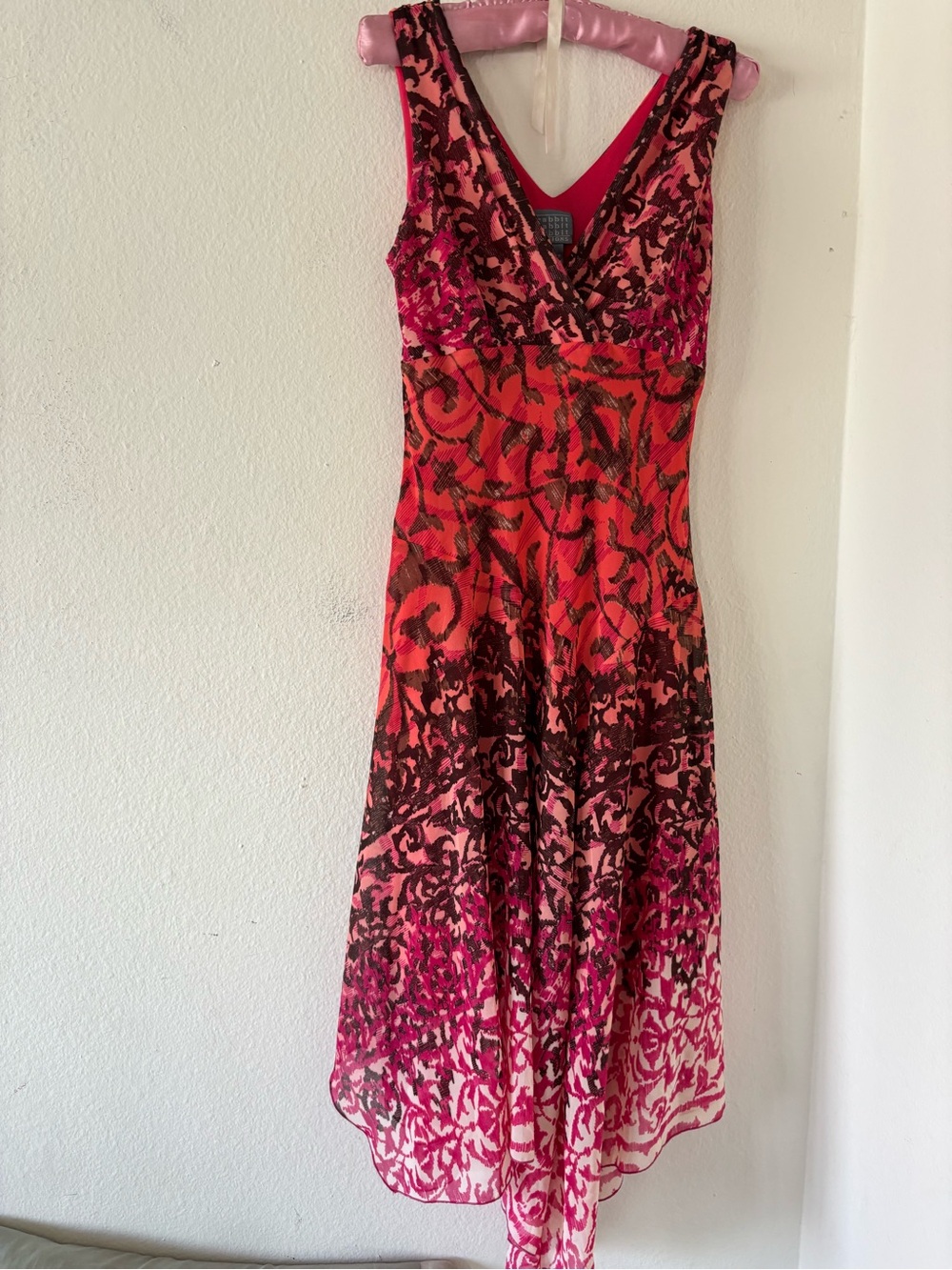 Vintage Rabbit Rabbit Designs pink and red floral print dress with black swirls,